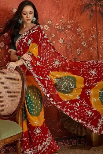 Multicolor bandhani embroidered  georgette saree