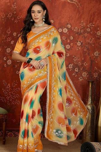 Yellow tie and dye zari  georgette saree