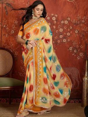Yellow tie and dye zari  georgette saree 2