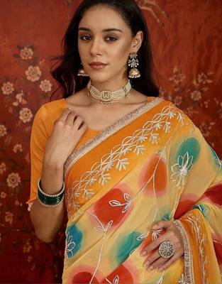 Yellow tie and dye zari  georgette saree 4