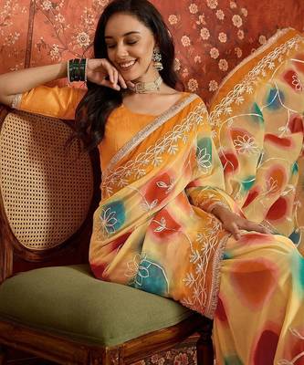 Yellow tie and dye zari  georgette saree 5