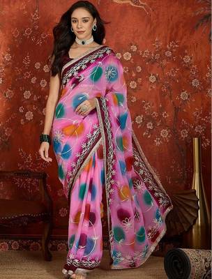 Pink polka dot zari  georgette saree 1