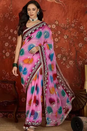 Pink polka dot zari  georgette saree