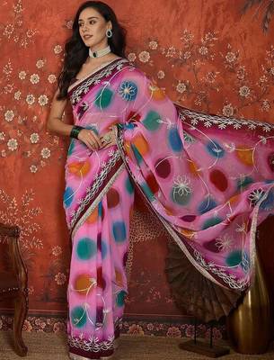 Pink polka dot zari  georgette saree 2