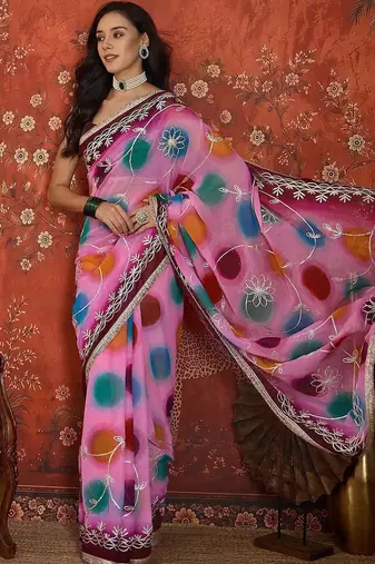 Pink polka dot zari  georgette saree