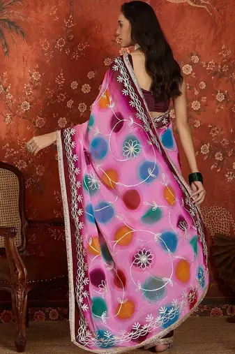 Pink polka dot zari  georgette saree