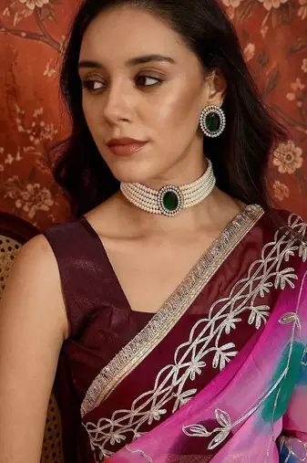 Pink polka dot zari  georgette saree