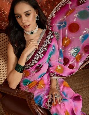 Pink polka dot zari  georgette saree 5