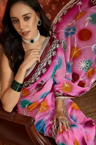 Pink polka dot zari  georgette saree