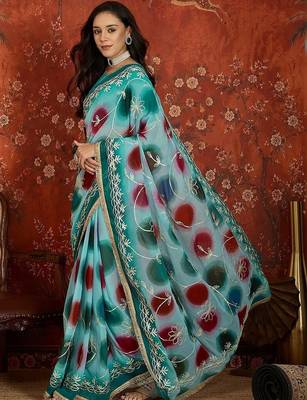 Turquoise embroidered  georgette saree 2