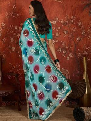 Turquoise embroidered  georgette saree 3