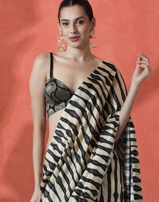 Black ready to wear satin striped digital printed saree 1