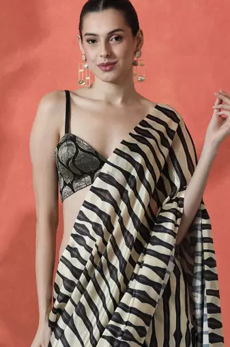 Black ready to wear satin striped digital printed saree