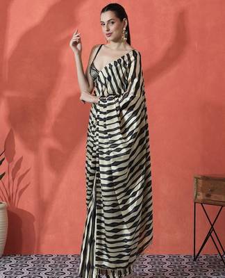 Black ready to wear satin striped digital printed saree 2