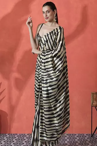 Black ready to wear satin striped digital printed saree