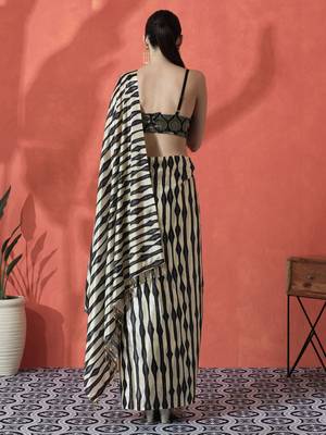 Black ready to wear satin striped digital printed saree 3