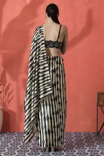 Black ready to wear satin striped digital printed saree