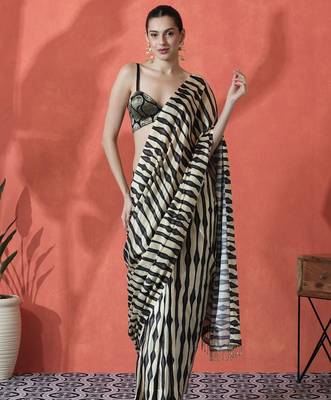 Black ready to wear satin striped digital printed saree 4