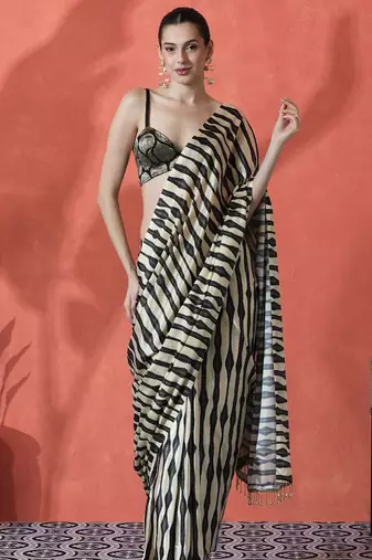 Black ready to wear satin striped digital printed saree