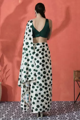 Green ready to wear polka dots digital printed saree