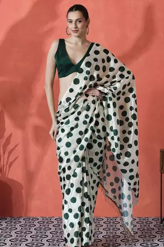 Green ready to wear polka dots digital printed saree
