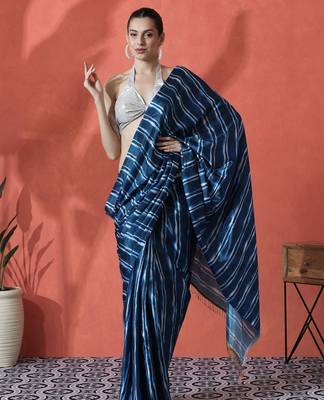 Blue ready to wear satin striped digital printed saree 1