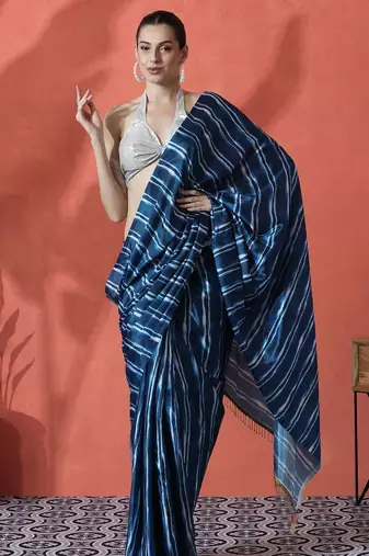 Blue ready to wear satin striped digital printed saree