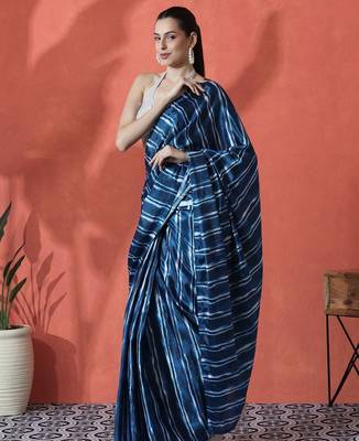 Blue ready to wear satin striped digital printed saree 2