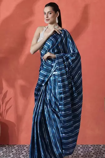 Blue ready to wear satin striped digital printed saree