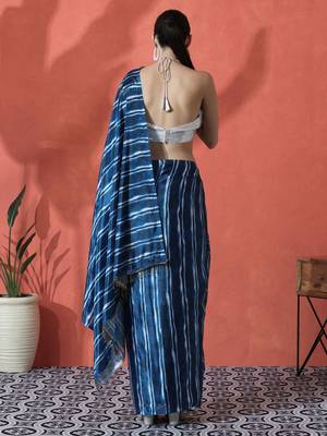 Blue ready to wear satin striped digital printed saree 3