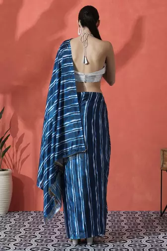 Blue ready to wear satin striped digital printed saree