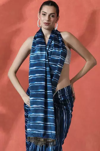Blue ready to wear satin striped digital printed saree