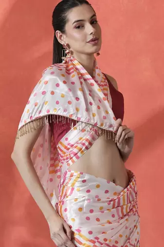 Off white ready to wear satin striped digital printed saree