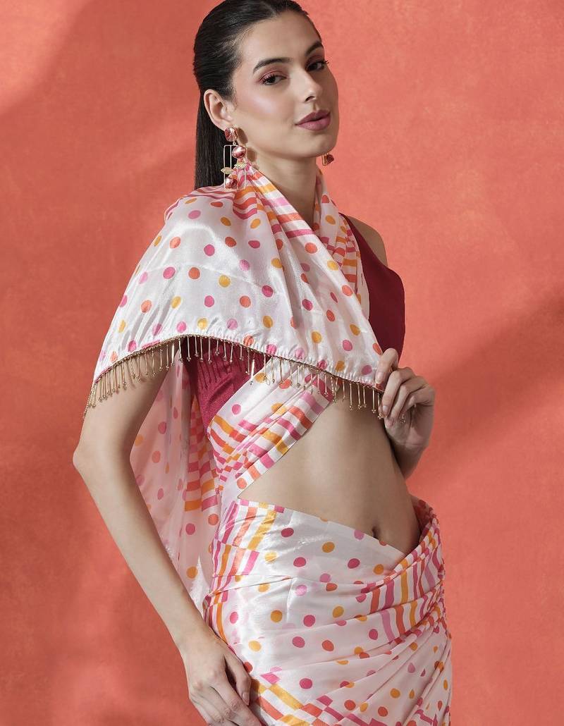 Off white ready to wear satin striped digital printed saree