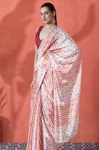 Off white ready to wear satin striped digital printed saree
