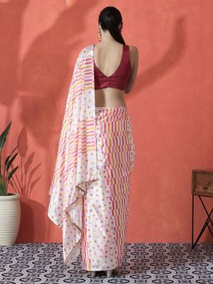 Off white ready to wear satin striped digital printed saree 3