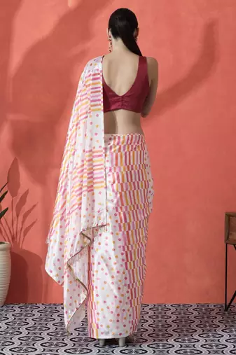 Off white ready to wear satin striped digital printed saree