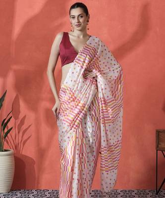 Off white ready to wear satin striped digital printed saree 4