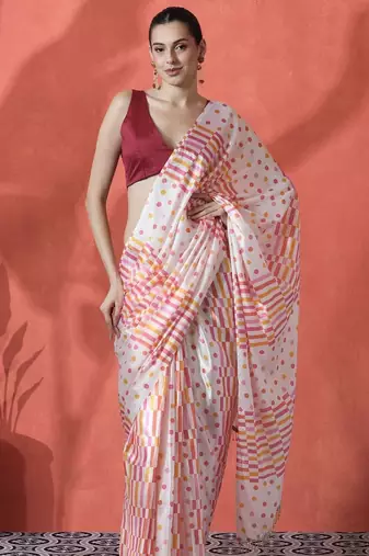 Off white ready to wear satin striped digital printed saree