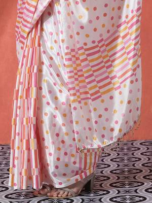 Off white ready to wear satin striped digital printed saree 5