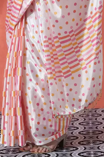 Off white ready to wear satin striped digital printed saree