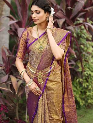 Gold woven design zari art silk designer dharmavaram saree 3