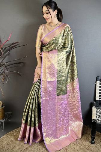 Green floral zari silk blend kanjeevaram saree