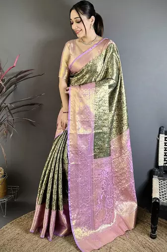 Green floral zari silk blend kanjeevaram saree