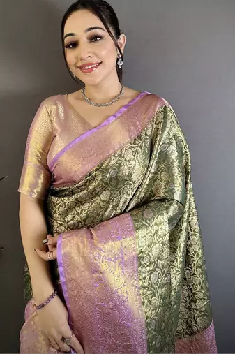 Green floral zari silk blend kanjeevaram saree