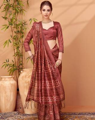 Maroon printed embroidered saree with matching blouse 1