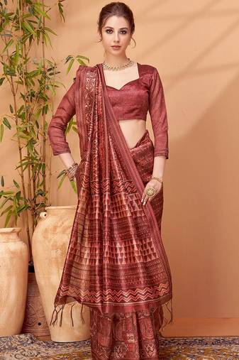 Maroon printed embroidered saree with matching blouse