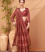 Maroon printed embroidered saree with matching blouse