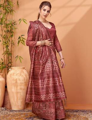 Maroon printed embroidered saree with matching blouse 2