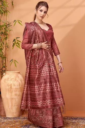 Maroon printed embroidered saree with matching blouse